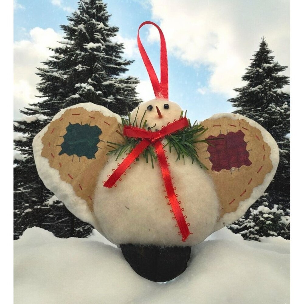 Vintage Primitive Snowman Angel Christmas Tree Ornament Handcrafted Folk Art